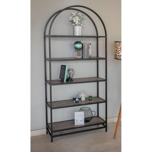 Arched shelf with plants, globe, books, and decor items on multiple levels.