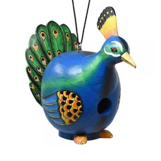 Colorful peacock-shaped birdhouse with detailed design.