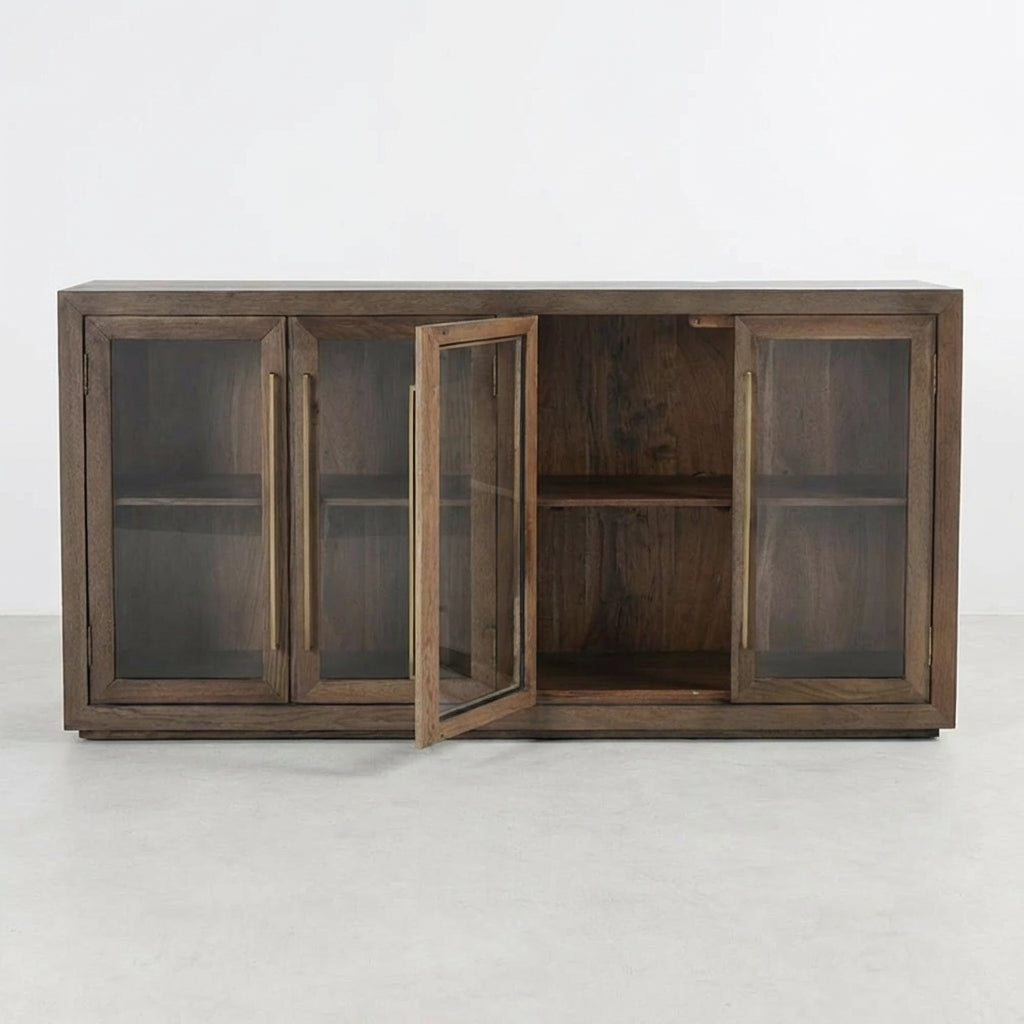 Wooden cabinet with glass doors and metal handles, one door open.