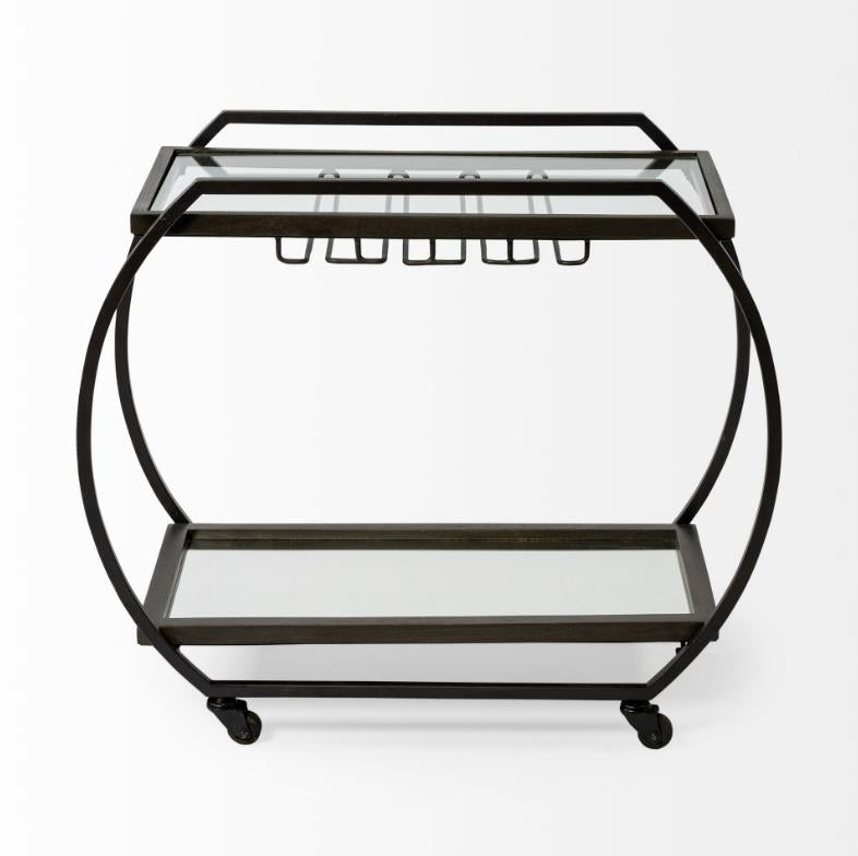 Metal bar cart with glass shelves and circular frame design.
