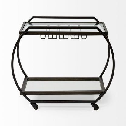 Metal bar cart with glass shelves and circular frame design.