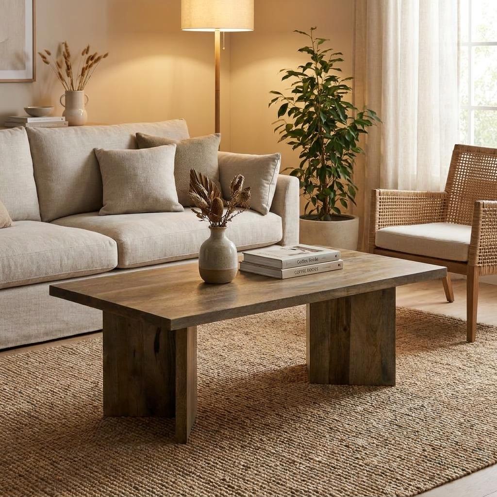 Cozy living room with neutral tones and natural elements.