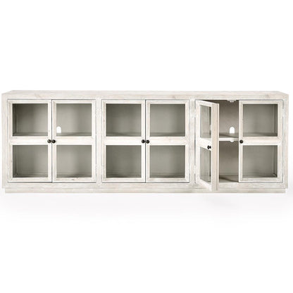 White wooden cabinet with glass doors; one door is open.