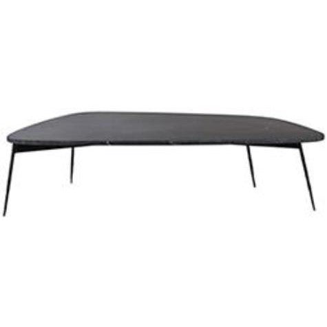 Black, sleek, asymmetrical coffee table with thin metal legs.