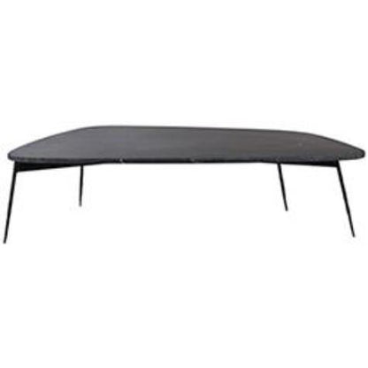 Black, sleek, asymmetrical coffee table with thin metal legs.