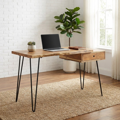 Wooden desk with hairpin legs and a side drawer.