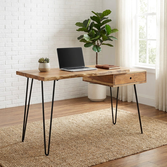 Wooden desk with hairpin legs and a side drawer.