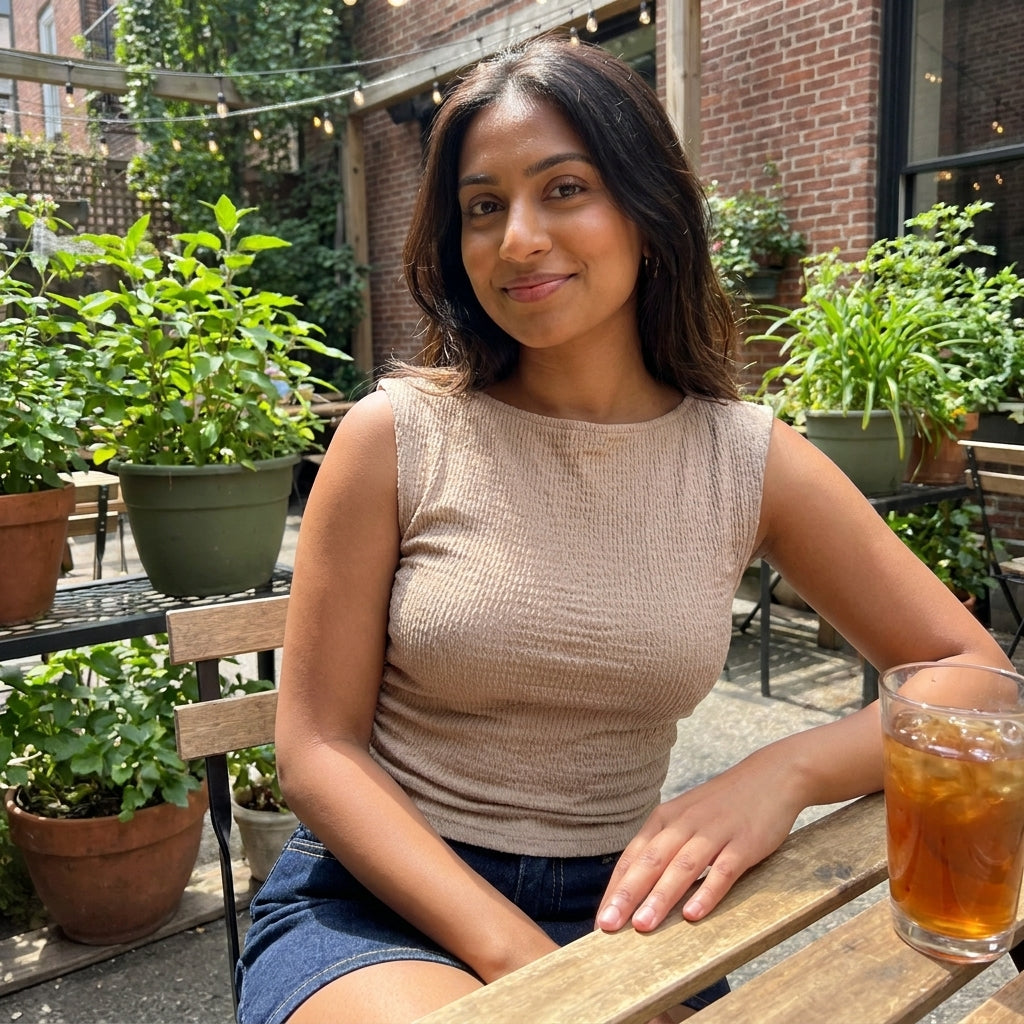 Woman in a garden cafe, smiling with iced tea and plants around.