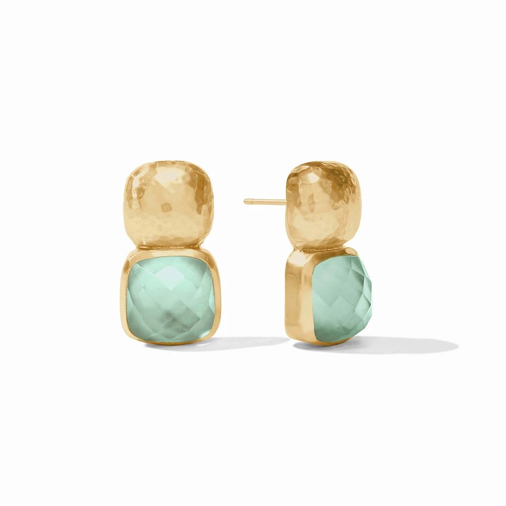 Pair of gold earrings featuring hammered tops and faceted pale aqua stones.