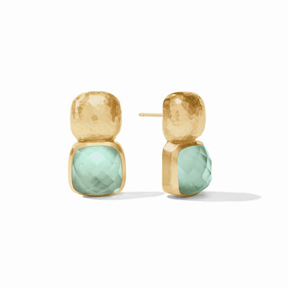 Pair of gold earrings featuring hammered tops and faceted pale aqua stones.