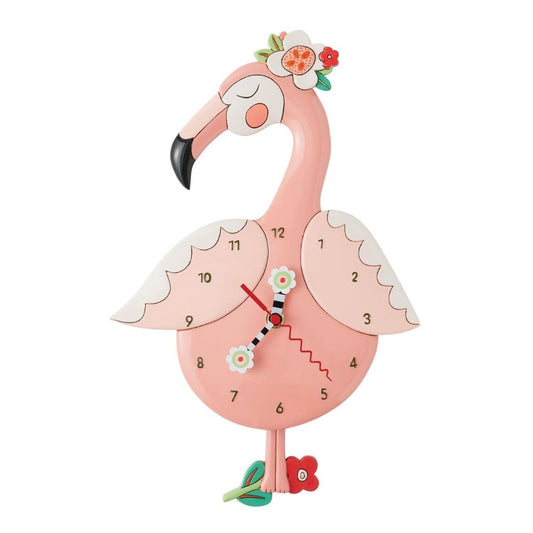 Pink flamingo clock with floral accents and whimsical design.