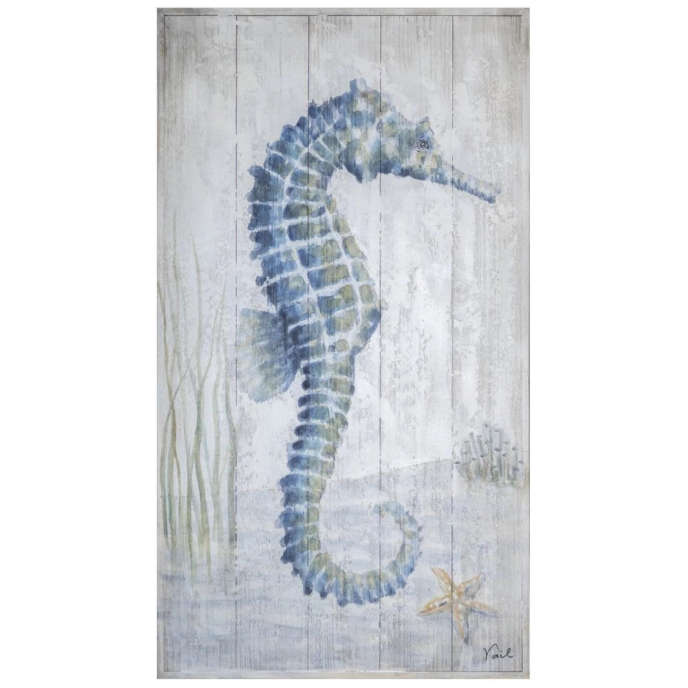 Watercolor seahorse illustration on a textured background with sea plants and a starfish.