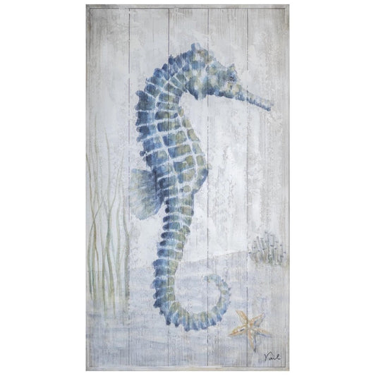 Watercolor seahorse illustration on a textured background with sea plants and a starfish.