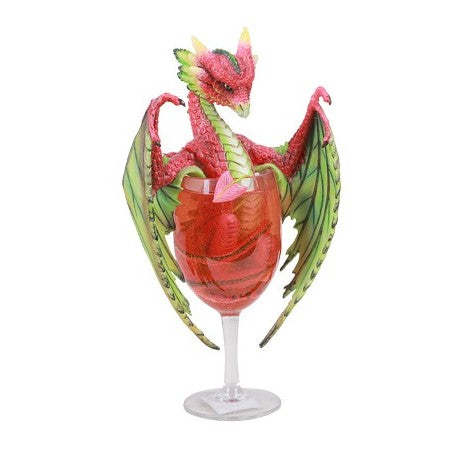 Vibrant dragon figure perched in a red wine glass.