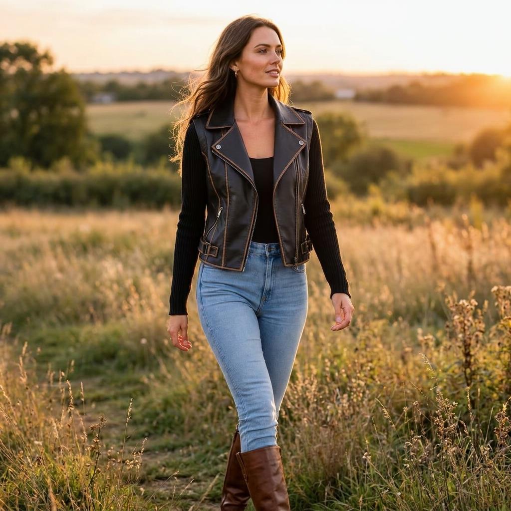 A woman walks through a sunlit field at sunset, wearing a leather vest and boots.