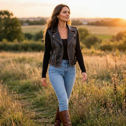 A woman walks through a sunlit field at sunset, wearing a leather vest and boots.