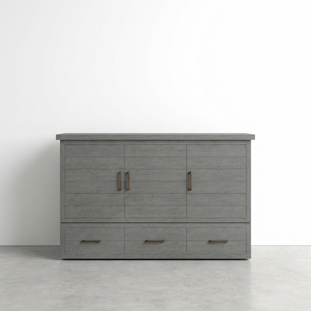 Gray wooden cabinet with drawers and doors against a white background.