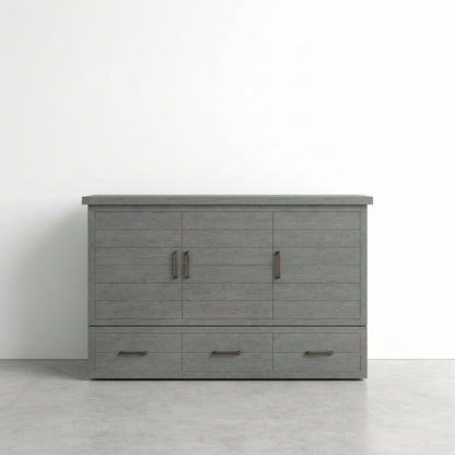 Gray wooden cabinet with drawers and doors against a white background.