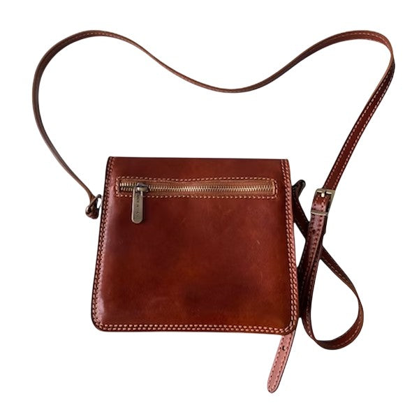 Brown leather crossbody bag with a front zipper pocket.