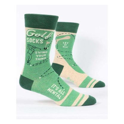 Green golf-themed socks with playful slogans and illustrations.