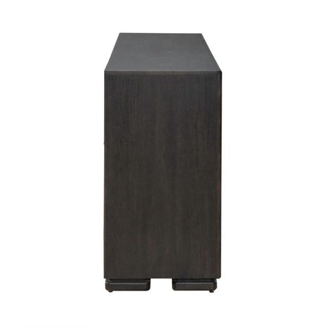 Side view of a dark wooden cabinet or dresser.