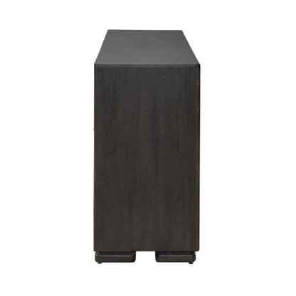 Side view of a dark wooden cabinet or dresser.