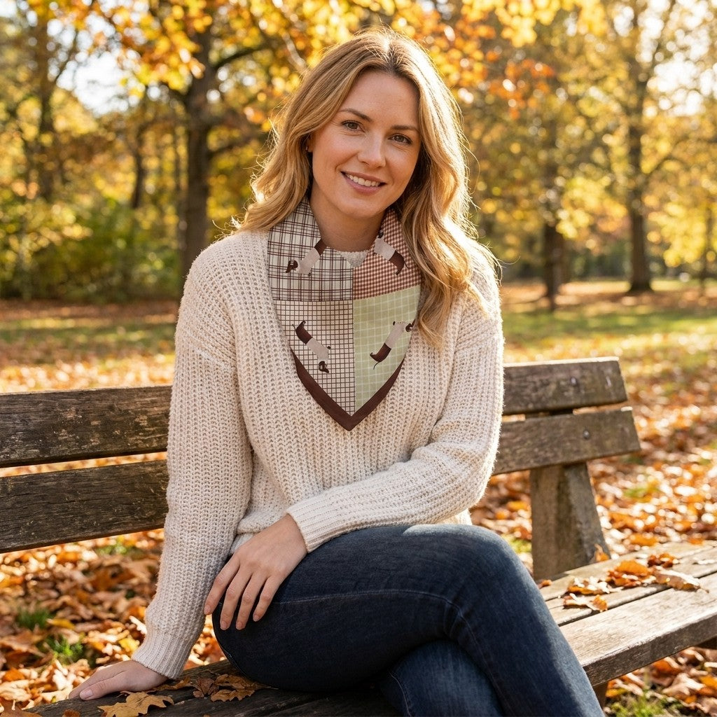 Woman smiling on a park bench with autumn leaves around.