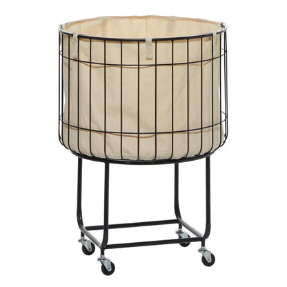 Black wire laundry basket on wheels with a beige fabric liner.