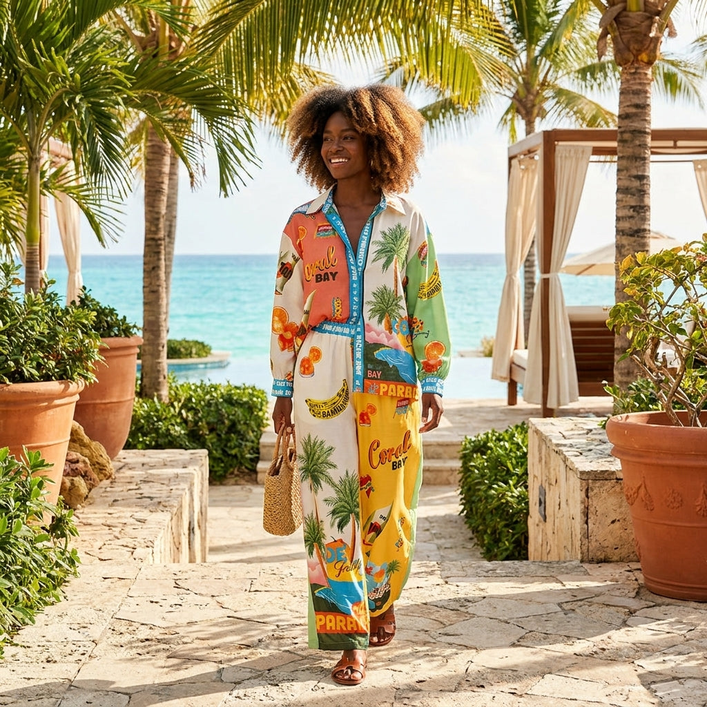 A person in a colorful dress walks by the ocean among palm trees.