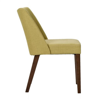 Yellow chair with wooden legs, side view.
