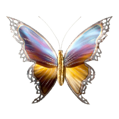 Colorful metal butterfly with intricate cut-out wings.