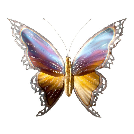 Colorful metal butterfly with intricate cut-out wings.