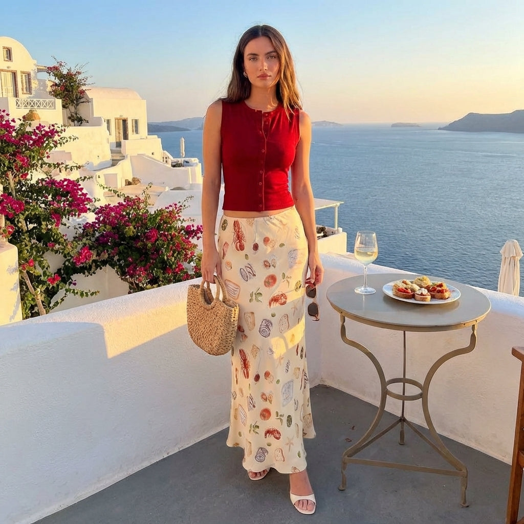 Woman in red top and skirt by the sea with wine and sunset.