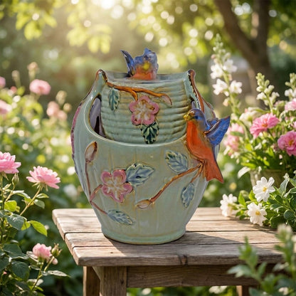 Ceramic bird vase on a table, surrounded by colorful garden flowers.
