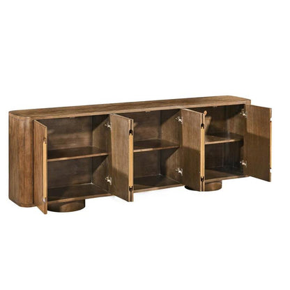 Wooden sideboard with open doors, revealing shelves inside.