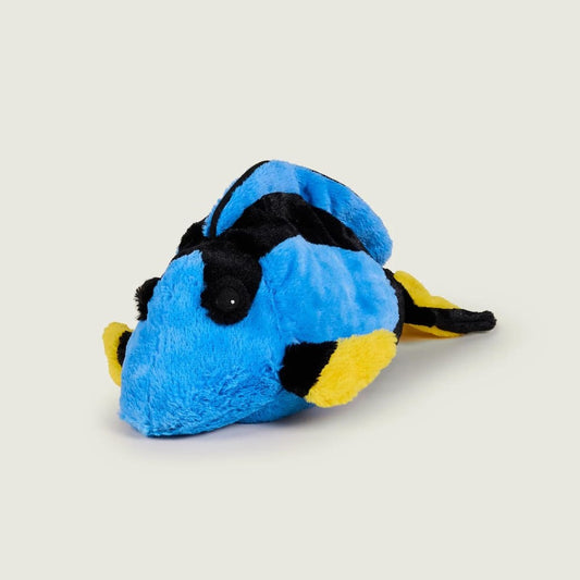 Blue and yellow plush fish on a plain background.