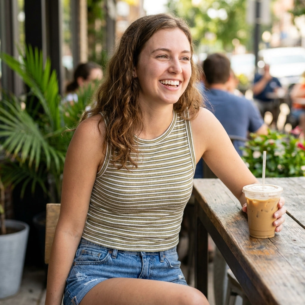 Smiling woman with iced coffee sitting outdoors at a café.