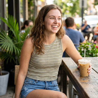 Smiling woman with iced coffee sitting outdoors at a café.