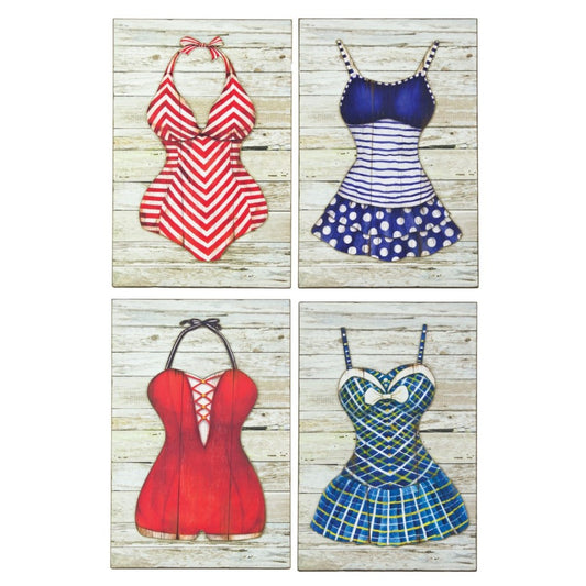 Retro swimsuits on wooden boards in vibrant patterns and colors.