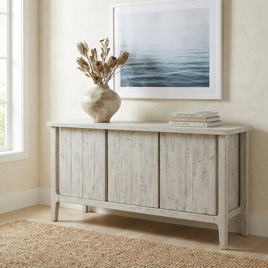 Gray wooden console table with panel design.