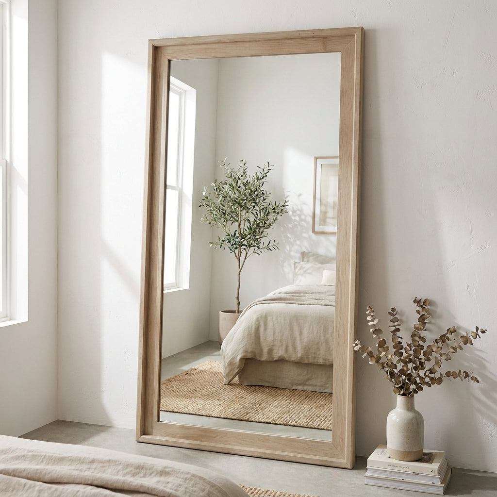 Minimalist bedroom mirror with a potted plant reflection and neutral decor.