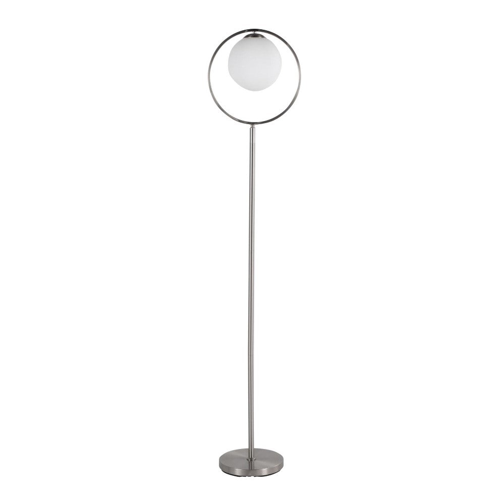 Modern floor lamp with a circular frame and white spherical shade.