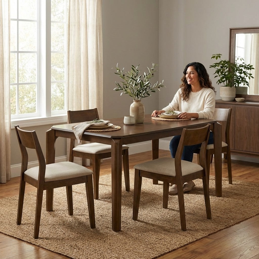 Woman sitting at a dining table, ready for a meal.