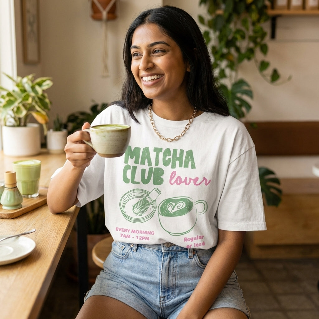 Smiling woman drinking matcha at a cafe in a casual setting.