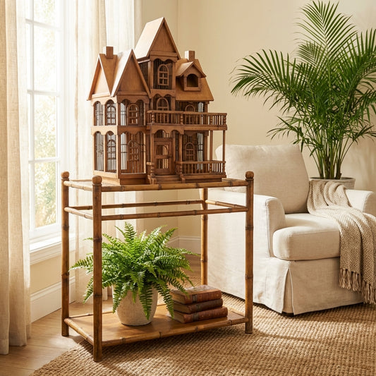 Wooden dollhouse on table near chair and plant.