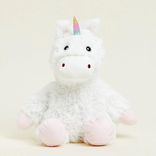 Fluffy unicorn plush with a rainbow horn.