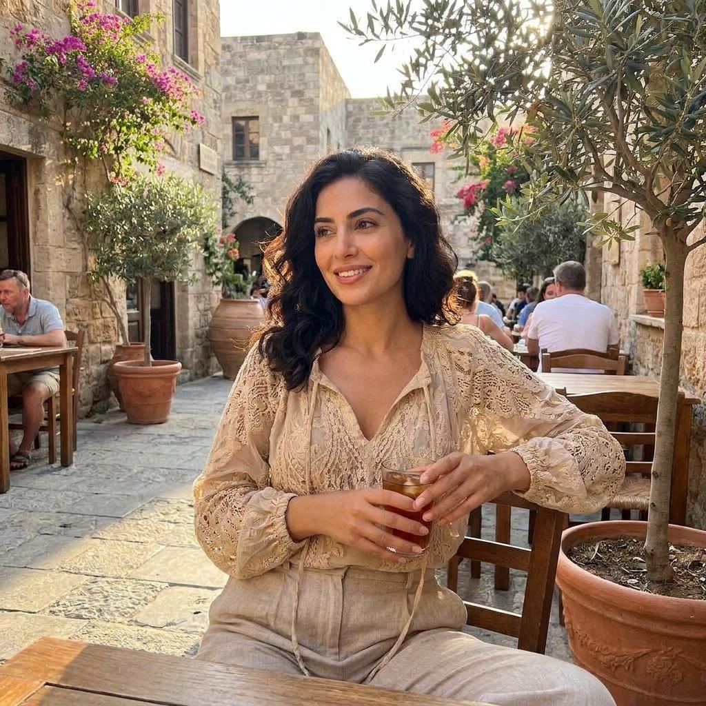 Woman in a lace top holds a drink at a charming outdoor café.