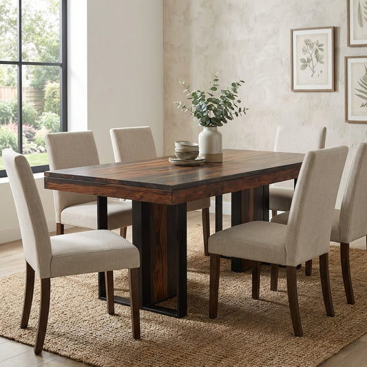 Wooden dining table with black metal legs.