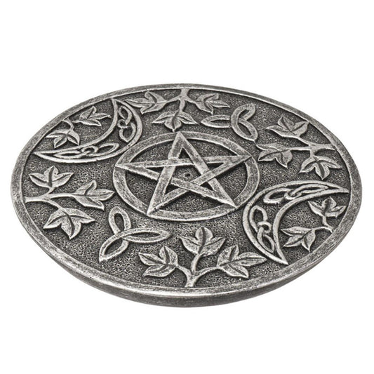 Round stone with a pentagram, leaves, and crescent moons embossed design.