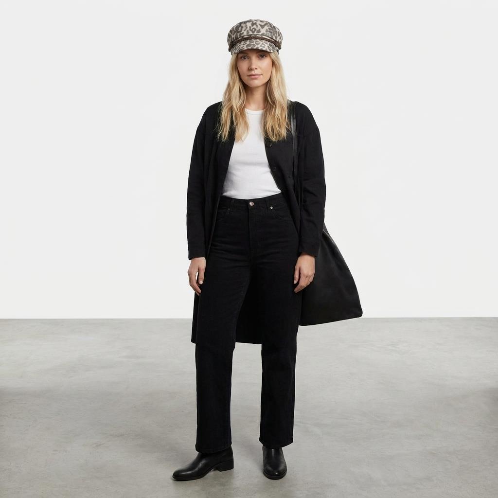 Woman in black outfit with leopard-print cap on a neutral background.